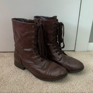 Dark Brown Lace-Up Combat Boots with Side Zipper